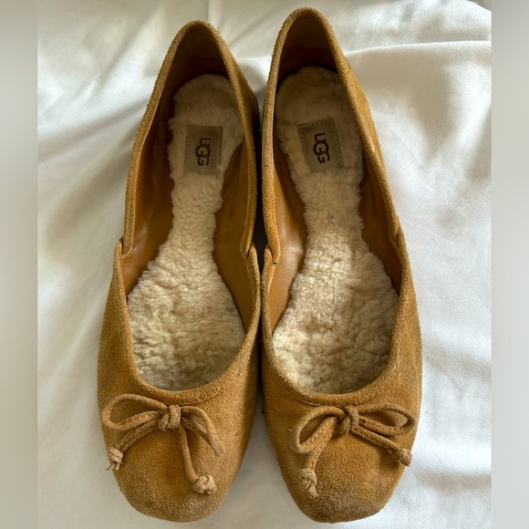 UGG Lena brown leather suede ballet flats women’s slip on shoes Sherpa  lined